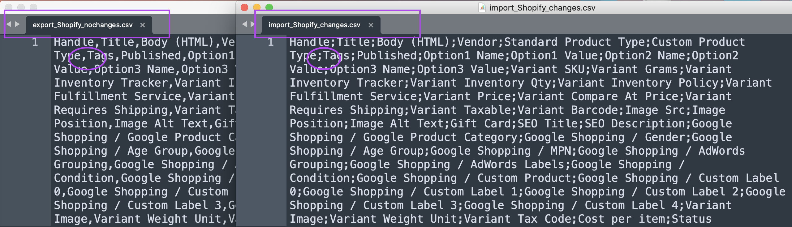 Two different CSV format separator – Shopify import