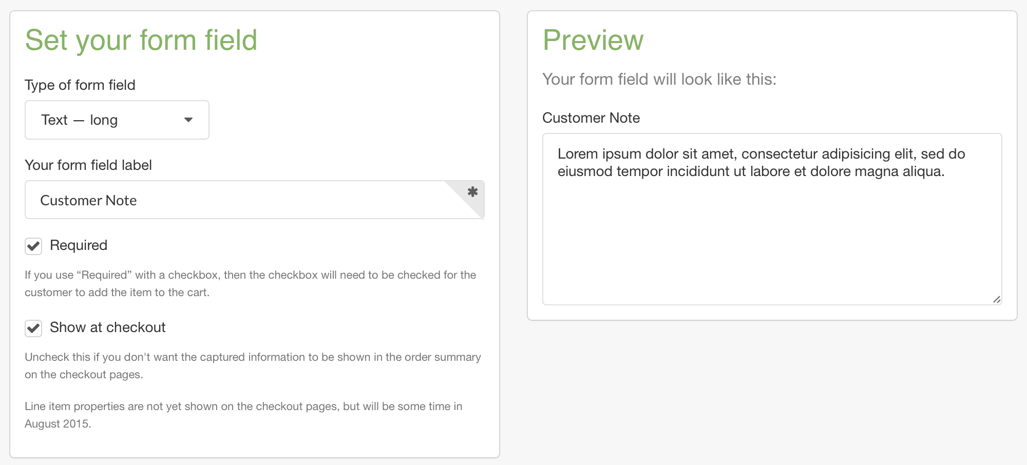 Creating line item property – text long – for a customer note