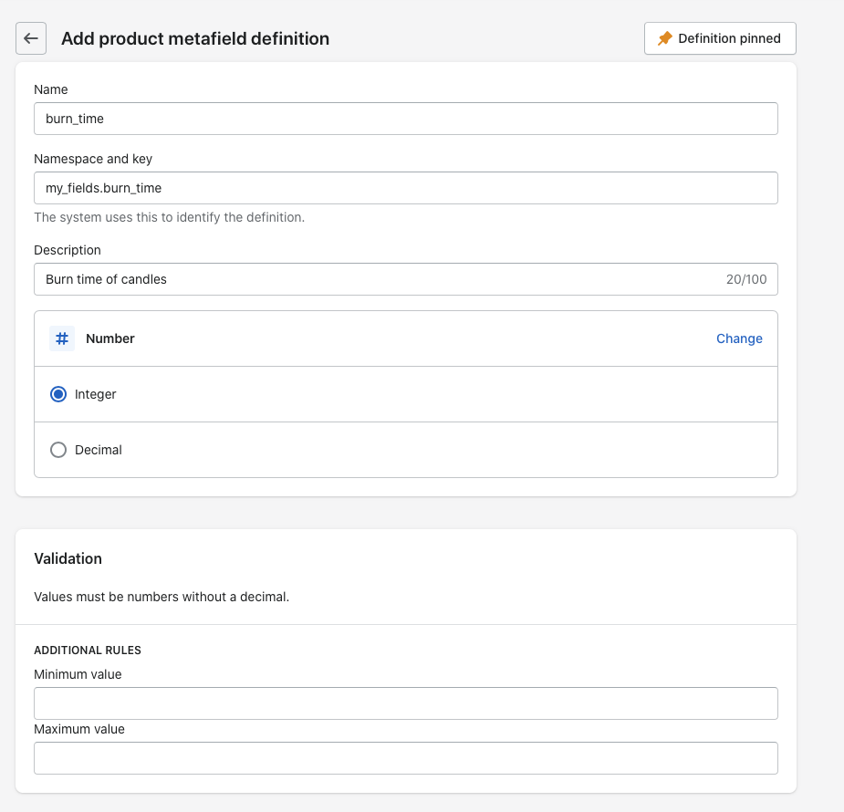 Adding definition for a metafield in Shopify