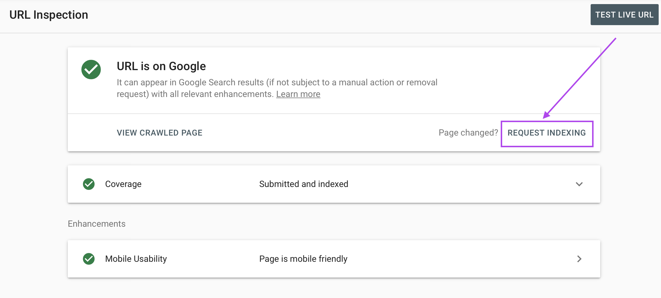 Request indexing a page in Google Search Console