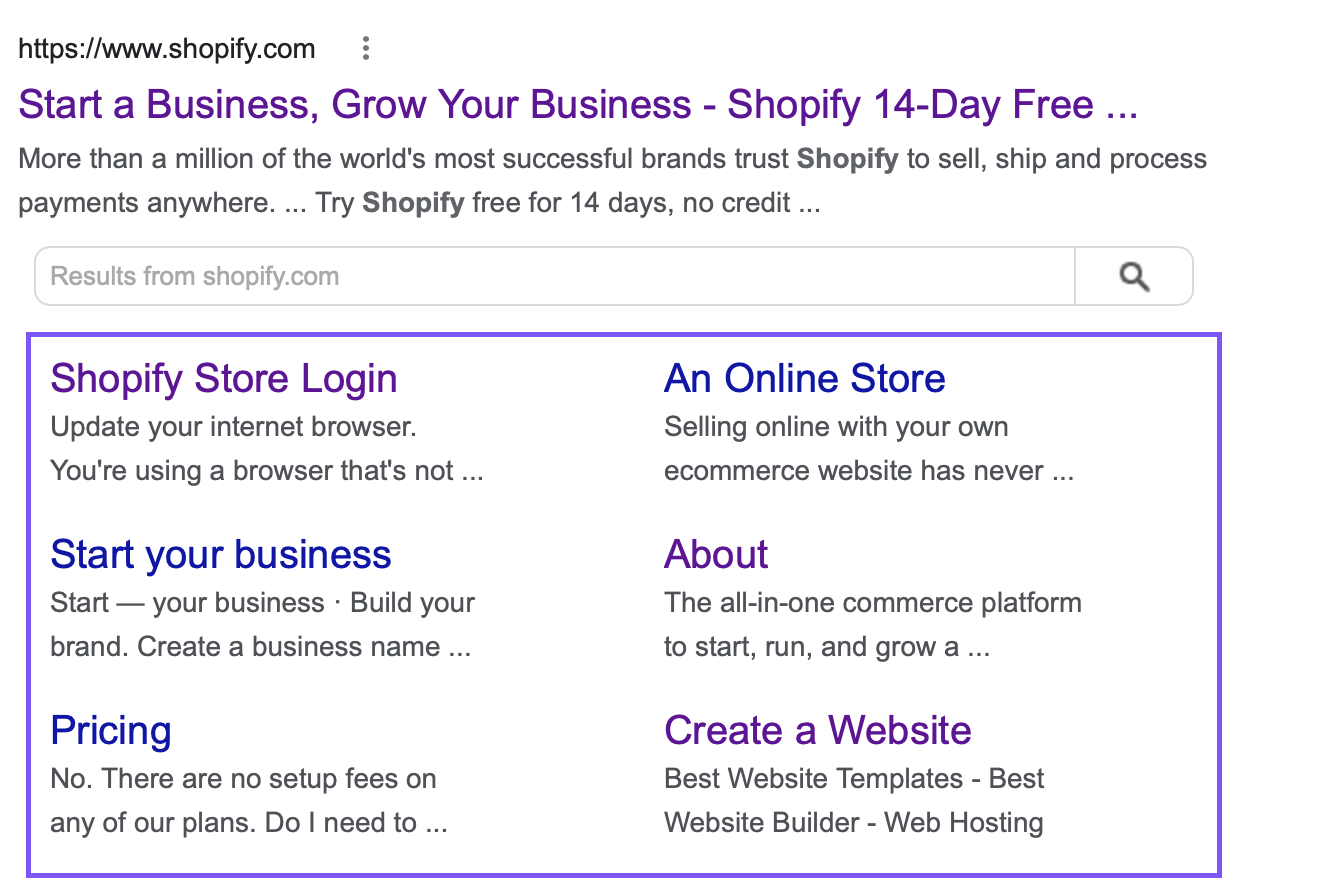 Sitelinks – links displayed below the Google Search Result snippet